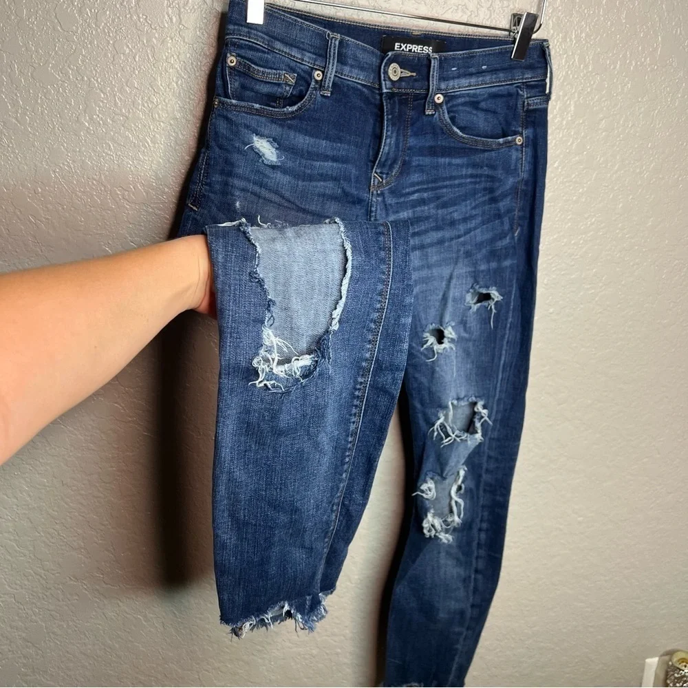 Express Skinny Ankle Stretch Mid Rise Ripped Jeans - Picture 4 of 11